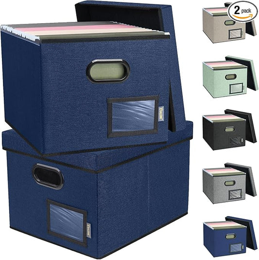BALEINE File Organizer Box with Lid, Collapsible File Folder Organizer with Plastic Slide, Filing Box for Office Home Document Organizer Storage (Blue, 2PK)