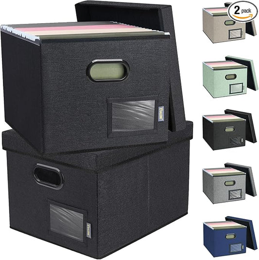 BALEINE File Organizer Box with Lid, Collapsible File Folder Organizer with Plastic Slide, Filing Box for Office Home Document Organizer Storage (Black, 2PK)