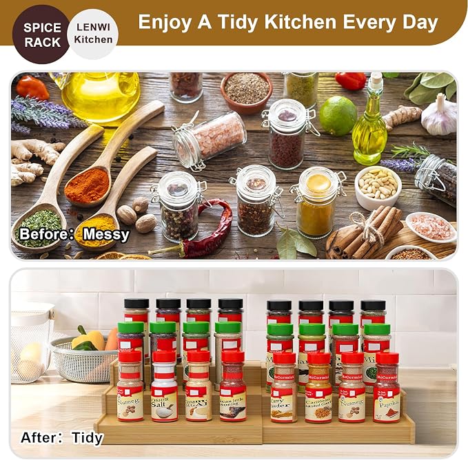 Lenwi Spice Rack Organizer for Cabinet, 3 Tier Expandable Bamboo Spice Storage for Kitchen Cupboard Pantry