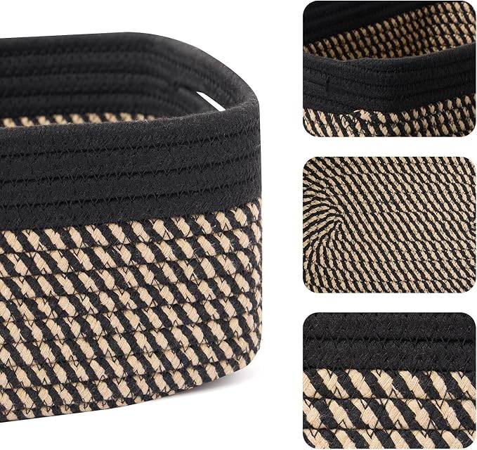 MiniArk Small Storage Baskets for Organizing | Closet Organizer Bins | Shelf Toy Basket | Woven Rope Baskets | Cube Decorative Box | Shallow Basket | 13x8.5x5.1” | 3 Packs Black Brown