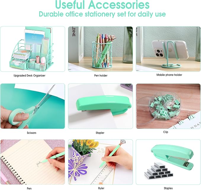 KAAKOW Green Desk Organizers and Accessories Office Supplies Set Stapler, Pen Holder, Phone Holder, Scissors, Pen, Ruler, 30 Paper Clips, 22 Binder Clip, 20 Tacks and 1000pcs Staples