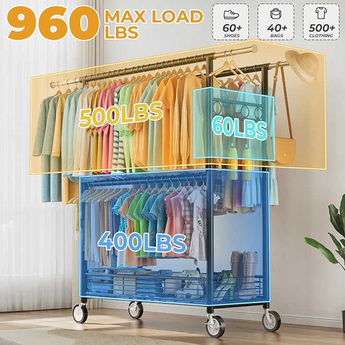 Heavy Duty Clothes Rack Load 960LBS, Three Rods Rolling Clothing Racks for Hanging Clothes, Rolling Garment Rack With Sturdy Wheels Shelves Hooks, Portable & Adjustable Commercial Garment Rack, Black