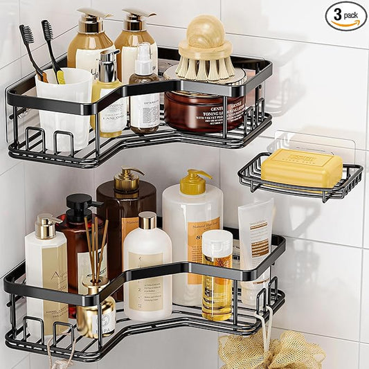 MAXIFFE 3 Pack Corner Shower Caddy with Soap Holder, Large Capacity Sturdy Easy Install No Drilling Stainless Steel Hold 40 LBS Shower Organizer Shelves Rack Storage for Family Renters Bathroom, Black
