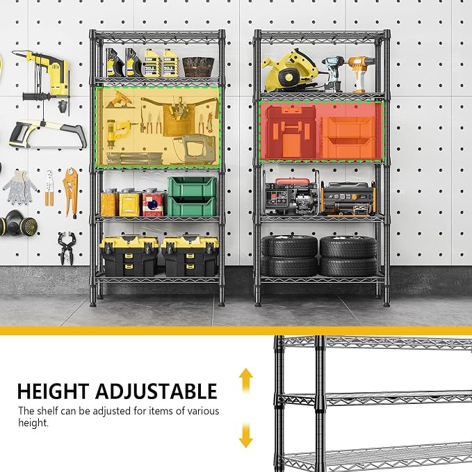 M MZG 1250 lbs 5 Tier Shelf Metal Storage Shelves Wire Rack Closet Organizers for Garage Kitchen Bathroom Laundry Black 11.8" D x 29.5" W x 59.5" H