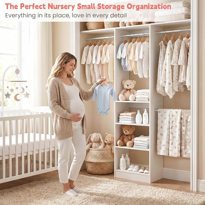 48" Small Closet System, Space-Saving Wall-Mounted Wardrobe Organizer, Mini Garment Rack for Narrow Spaces, Morning Outfit Prep Station & Nursery Dress-up Storage, White
