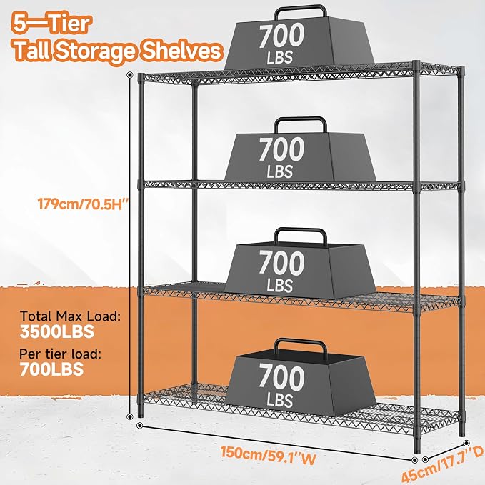 M MZG 2800LBS 59" W 4 Tiers Storage Shelves Load, Metal Shelving Wire Metal Shelving Unit Shelves for Storage Adjustable Garage Shelving for Pantry Kitchen Garage Black 17.7" D x 59.1" W x 70.4" H