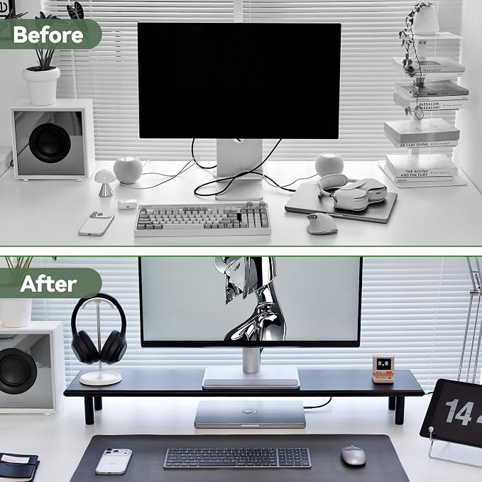 Bamboo Dual Monitor Stand Riser, Black Desk Shelf with Storage | 39.37-Inch Wide, 3.5-Inch Clearance, Fits Keyboards, Soundbars and Two 24-Inch Monitors for Home Office