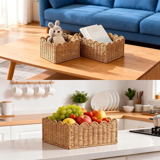 Scalloped Basket, Wicker Storage Baskets, Hand Woven Baskets for Shelves,Natural Baskets for Organizing (S-9.5" L x 9.5" W x 5.5" H)