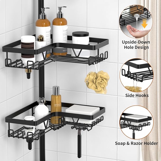 KEGII Corner Shower Caddy Tension Pole - Shower Tension Rod Organizer, Floor to Ceiling Shower Caddy 25-114.2 inch, Towel Rack Corner Waterproof, Black | 28 Hooks with Soap and Razor Holders, Heavy Duty 4-Tier Shelves for Family Bathtubs and Renters, A...