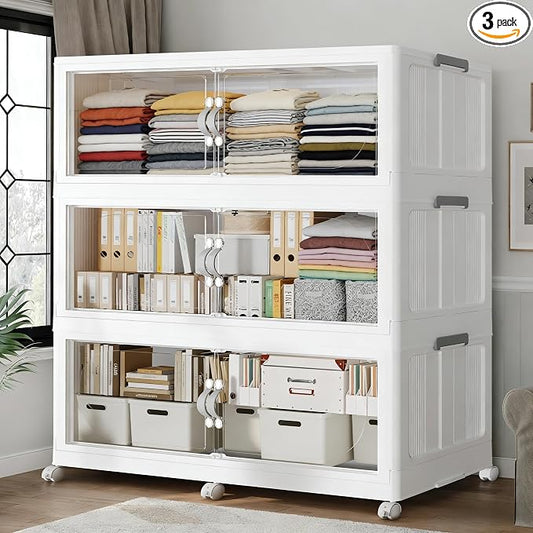 720QT Extra Large Stackable Storage Bins with Lid, 180Gal Plastic Closet Organizers and Storage Drawer, Collapsible Cabinet Box with Wheels Clear Doors for Home Kitchen Office, 3Pack White