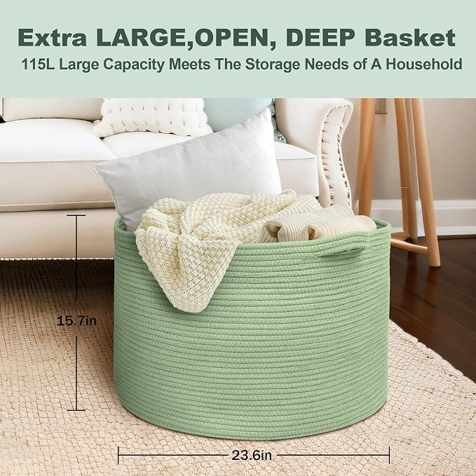 115L Oversized Green Basket, 23.6"x15.7" Woven Cotton Rope Bin for Blankets, Nursery Wicker Laundry Hamper, Kids Toy Storage Bin, Sage Green Living Room Bedroom Decor Baskets for Organizing