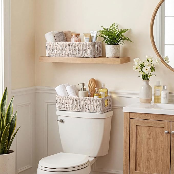 StorageWorks White Wicker Basket for Bathroom, Toilet Organizer Baskets | Small back of Toilet Tray for Decor with Built-in Handles, Water Hyacinth Toilets Paper Basket for Tank Topper