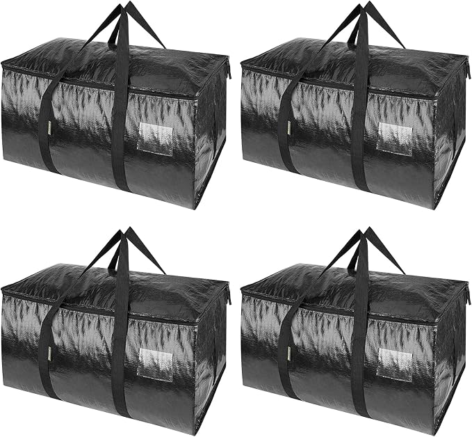 BALEINE 4-Pack Oversized Moving Bags with Reinforced Handles, Heavy-Duty Storage Tote for Clothes, Moving Supplies (Black, 4-Pack)