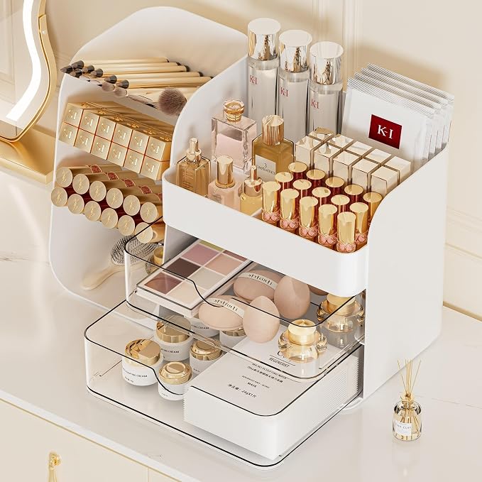 Booklov Small Makeup Organizer for Vanity Countertop, White | Clear Acrylic Cosmetic Display Case, Beauty Brush Holder for Bathroom Counter, Make Up Skincare Lipsticks Storage