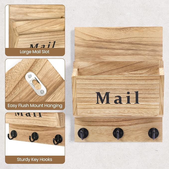 Mail and Key Holder, Wall Key Holder with 2 Mail Organizer Slot and 3 Hooks | Decorative 8.86" x 11.42" Mail Holder, Real Paulownia Wood with Keyhole Brackets, Hardware and Instructions