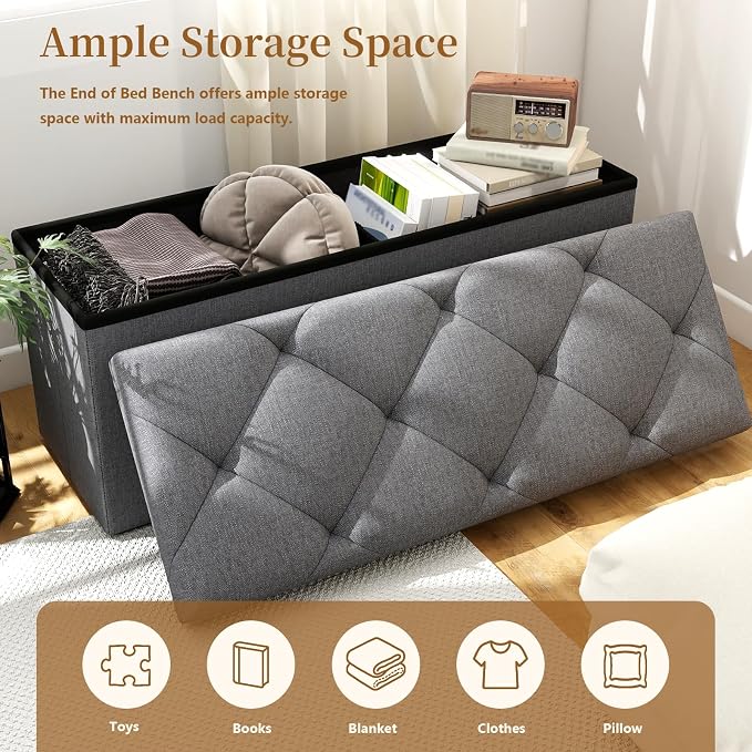43W Folding Ottoman with Storage Bench,30W Storage Ottoman Bench,15W Inches Ottoman Foot Rest,End of Bed Bench,Support 660LBS Foot Rest Stool for Living Room,Bedroom Dark Gray（43W+30W+15W）