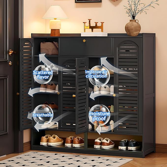 Shoe Cabinet with Louvered Doors, Freestanding Entryway Shoe Storage Cabinet with Drawer & Open Compartment, Modern Bamboo Shoe Rack Organizer with Thickened Adjustable Shelves for Closet
