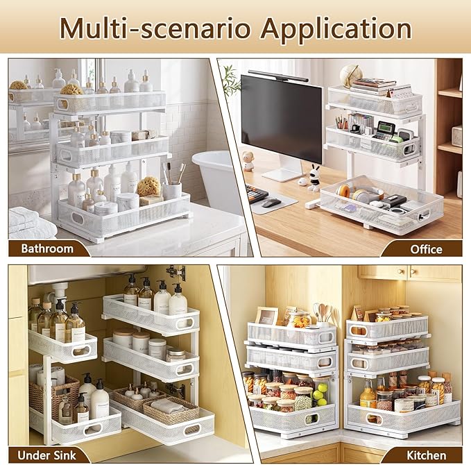Under Sink Organizer, 3-tier Under Sink Storage Organizer Adjustable Height Easy Assembly Pull Out Cabinet Organizers Basket for Bathroom Kitchen Pantry Home Organization