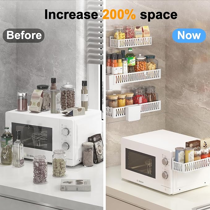 Sevenblue 4-Pack Magnetic Spice Rack for Refrigerator with Hooks, White | Strong multipurpose magnetic shelf for kitchen & bathroom organization. Includes 4 removable hooks for hanging items.