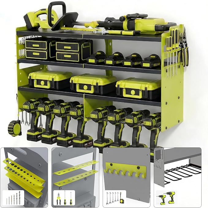 Power Tool Organizer Wall Mount, Standard Edition, Green | Heavy Duty 600 Lbs Metal Tool Storage Rack, 4-Tier Garage Drill Holder & Workshop Battery Management Station