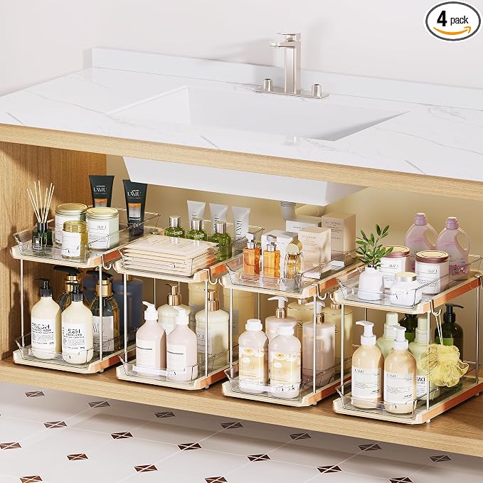 Delamu 2 Tier Under Sink Organizer Bathroom, Bathroom Cabinet Organizer with Snap-Lock Design and Hooks, Pull Out Storage with Movable Dividers, for Countertop, Kitchen and Pantry (White, 4 Pack)