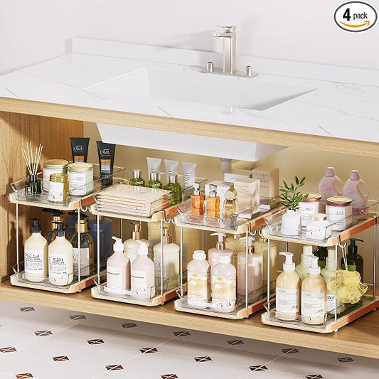 Delamu 2 Tier Under Sink Organizer Bathroom, Bathroom Cabinet Organizer with Snap-Lock Design and Hooks, Pull Out Storage with Movable Dividers, for Countertop, Kitchen and Pantry (White, 4 Pack)