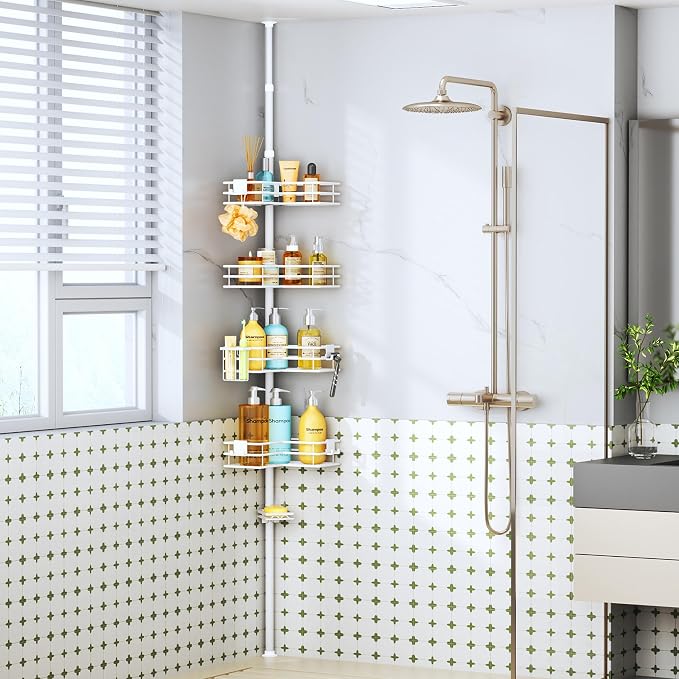 HapiRm Corner Shower Caddy Organizer - Shower Rack with Toothbrush Holder | Shower Shelves with Soap Holder and 4 Hooks,Rustproof Bathroom Storage Tension Pole Available for 27.6 to 108.3 Inch - White