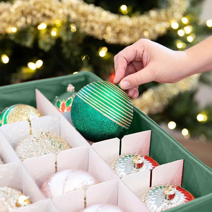 Christmas Ornament Storage Container with Dividers - Box Stores Up to 96 Ornaments, Zippered, Convenient, Adjustable, Large Organizer Bin to Protect Holiday Décor, Fits Most Standard Size, Green