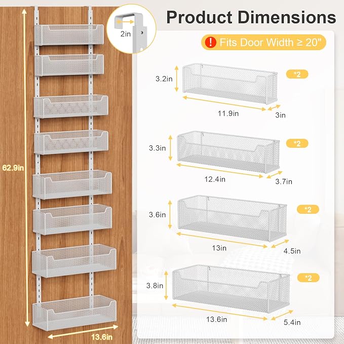 VyGrow Over the Door Organizer, 8-Tier Pantry Organizer with Fully Enclosed Mesh Baskets, Heavy-Duty Metal Hanging Spice Rack for Kitchen Bathroom Laundry Room, 2-in-1 Wall Mount or Door Mount, White