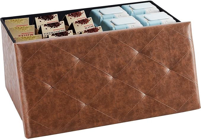 DUMOS 30 Inch Folding Storage Ottoman Bench, Hidden Ottoman with Storage | Storage Chest with Padded Seat, End of Bed Foot Rest Stool for Bedroom Living Room, Load 660 lbs, Synthetic Leather, Brown