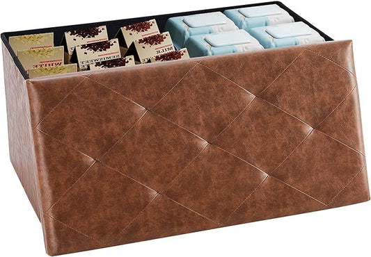 DUMOS 30 Inch Folding Storage Ottoman Bench, Hidden Ottoman with Storage | Storage Chest with Padded Seat, End of Bed Foot Rest Stool for Bedroom Living Room, Load 660 lbs, Synthetic Leather, Brown