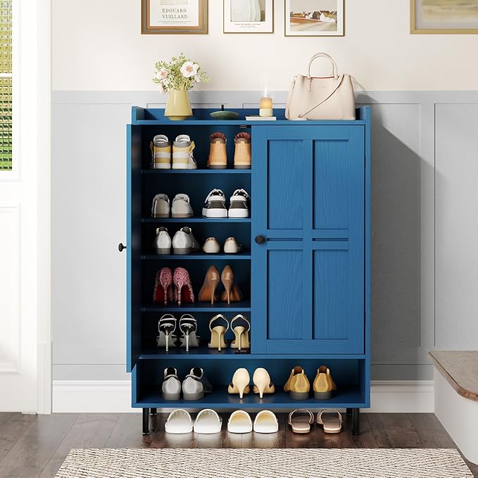 ONBRILL Shoe Cabinet with Cross Molding Doors, 6-Tier Shoe Storage Cabinet with 3 Adjustable Shelves and Metal Legs, 45'' Tall Shoes Rack Organizer Cabinet for Entryway, Front Door, Blue