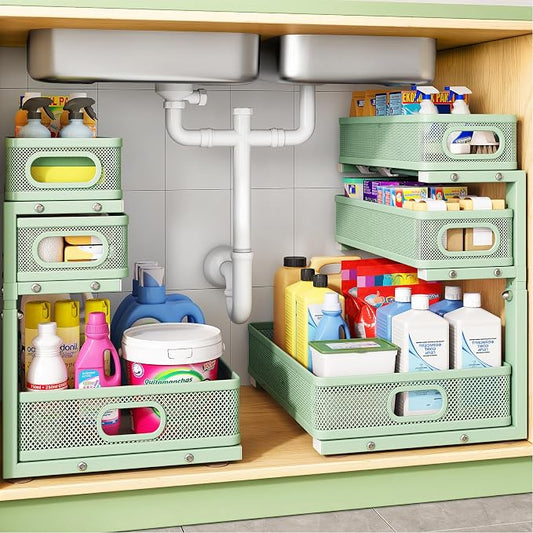 Kitstorack Under Sink Organizer, 2-Pack 3-Tier Height Adjustable Thickened Metal Pull out Cabinet Organizer Shelf, Slide out Storage Drawer Rack for Bathroom Kitchen Pantry Home Organization, Green