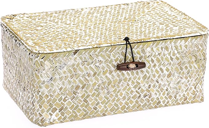 Hipiwe Small Woven Wicker Shelf Basket Bin with Lid Natural Seagrass Basket | Basket Storage Boxes for Shelf, Multipurpose Home Organizer Bins for Closet Bedroom Living Room Home Decor, Whitewash