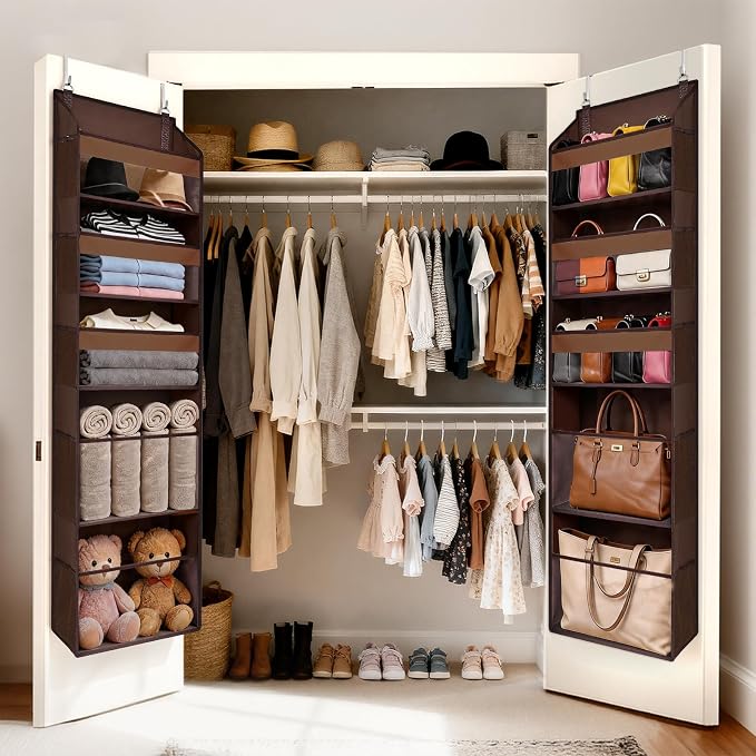 5 Tiers Over Door Organizer with 10 Mesh Side Pockets, 44 lbs Weight Capacity Hanging Storage Organizer with Clear Window Kids Toys, Shoes, Diapers, Dark Brown