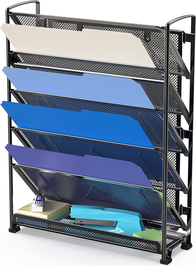 Simple Houseware 6-Tier Wall Mount Document Letter Tray Organizer, Black | 5 Tilted Trays + 1 Flat Bottom Tray, Wall Mount Hardware Included