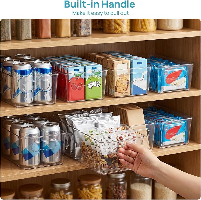 Vtopmart 6pcs Clear Storage Bins with Handles | BPA-free Plastic Storage Containers, Easy to Move, For Fridge Freezer, Pantry Cabinet Kitchen Organization, Built to Last