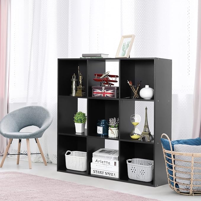 JupiterForce 9 Cube Storage Organizer Wooden Display Shelf W/ 5 Removable Back Panels, Customizable Bookcase Bookshelf for Home, Office, Bedroom and Living Room (Black)