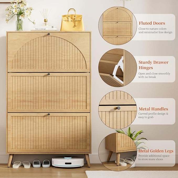 Fsbecl Shoe Storage Cabinet for Entryway with 3 Fluted Flip Drawers, Oak | Narrow Design, Freestanding Shoe Rack with Adjustment Shelves, Wooden Hidden Organizer for Hallway Foyer, 18-24 Pairs