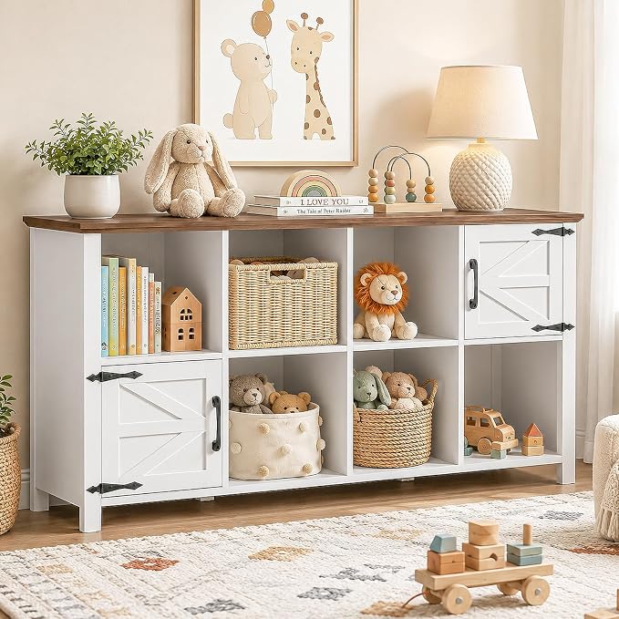 Vabches Wooden Toy Storage Organizer for Kids, Farmhouse Book & Toy Organizer with 6 Open Shelving & 2 Doors, 8-Cube Toy Shelf for Kids’ Room, Playroom & Classroom, White and Brown