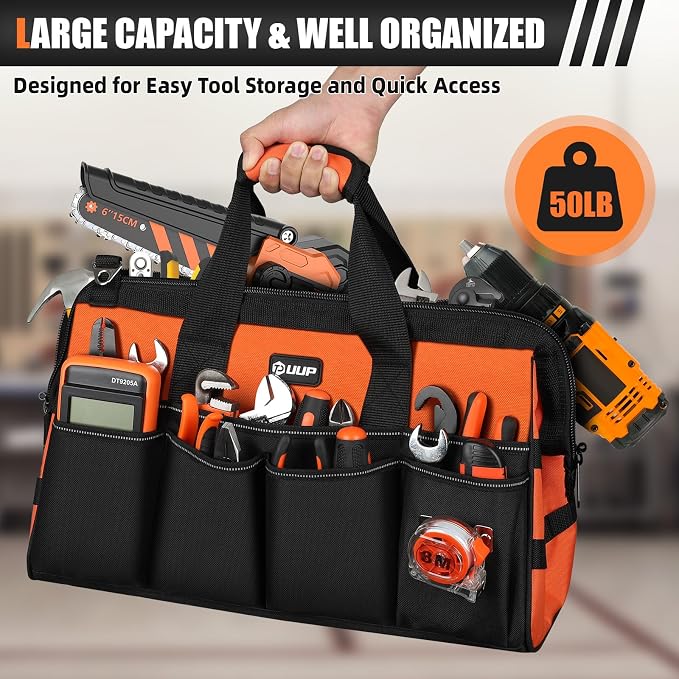 UUP 18" Large Tool Bag, Heavy Duty Spacious Tool Box Organizer, Orange | 16 Pockets & MOLLE. Detachable Strap & Handle. Non-slip Base, Metal Buckle. 30lb Holds Drill/Tool on Truck, Garage, Men Gift.