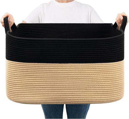 Goodpick Large Wicker Blanket Basket, Rectangle Storage, Black & Camel | 21.6 x 14.9 x 11.8 in, Reinforced Handles, Living Room, Bedroom & Nursery Organization, Toys, Blankets & Clothes Storage