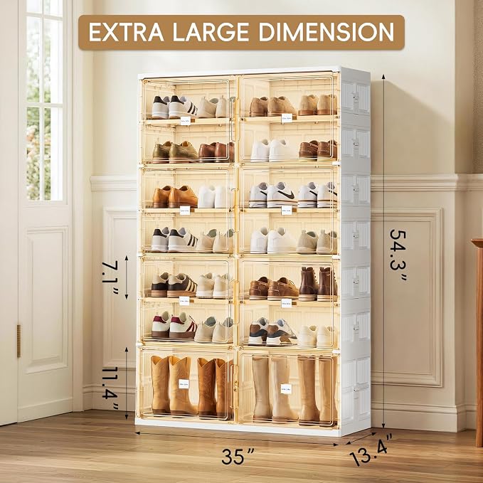 JEKO&JEKO 7 Tiers Foldable Boot and Shoe Storage Rack Cabinet for Closet Entryway, Large Collapsible Shoe Organizer with Magnetic Doors (White)
