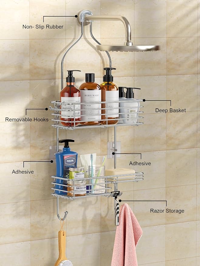 SMARTAKE Hanging Shower Head Caddy, Shower Shelf Organizer, Silver | SUS201 Rustproof Stainless Steel Over The Storage Rack, for Toilet, Bathroom