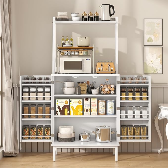 kepptory 51" Kitchen Baker's Rack with Storage, Microwave & Toaster Oven Stand, Freestanding Coffee Bar Station with Wine Glass Holder & Side Storage Shelves, White