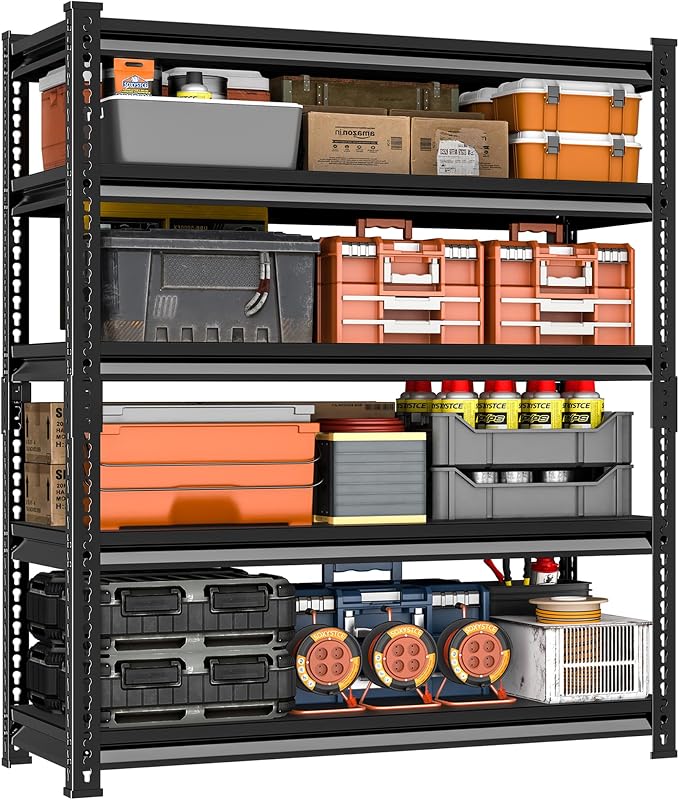 48" W Garage Shelving Heavy Duty, 2400LBS Loads Adjustable Garage Storage Shelves, 5-Tier Metal Shelving Units and Storage Racks, Industrial Utility Shelf, 48" Wx18 Dx78 H, Black