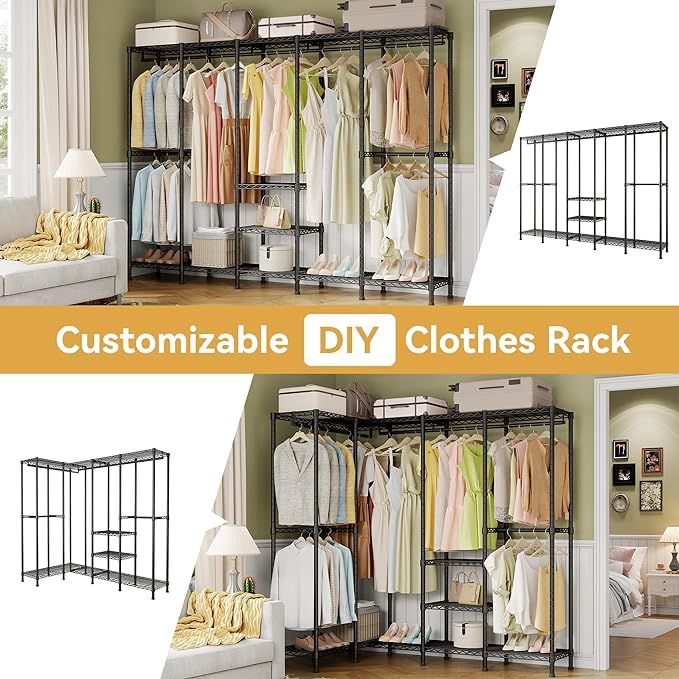 Higeego H5 Heavy Duty Clothes Rack, Black Clothing Rack for Hanging Clothes | 93.3"Wx15.7"Dx75.4"H, Large Garment Rack, Freestanding, Wardrobe Closet with Adjustable Shelf, Load 1400 lbs