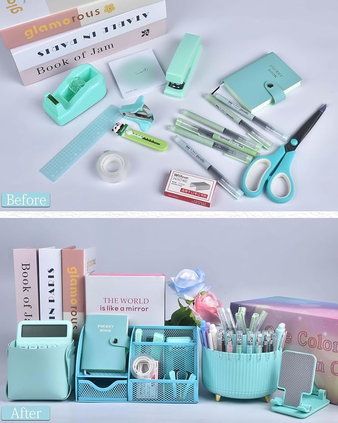 LXEVIHK 21Pcs Green and Blue Desk Organizers and Accessories With Mesh Desk Organizer and 360°Rotating Pen Holder and a Lot of Office Green Office Supplies Beautifully Presented in a Gift Box