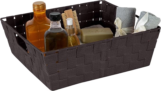 Simplify Large Shelf Woven Strap Tote | Decorative Storage Basket | Built in Handles | Organization | Closet | Bedroom | Bathroom | Nursery | Accessories | Toys | Gifts | 2 Pack | Chocolate
