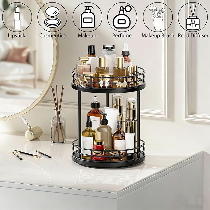 2-Tier Rotating Bathroom Countertop Organizer, Wooden Makeup Vanity Storage, Multifunctional Lazy Susan Turntable for Skincare, Perfume and Cosmetics (Black)
